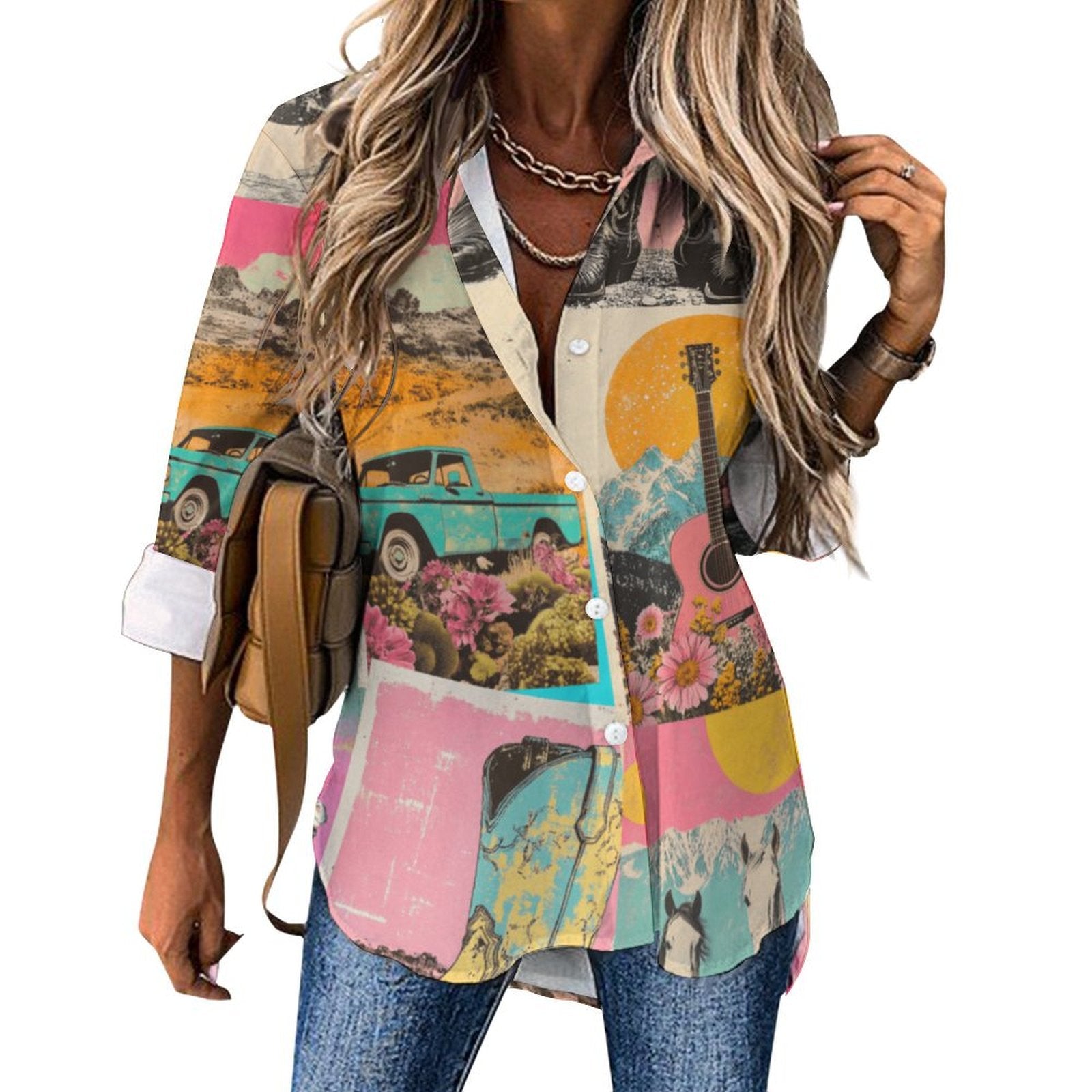Baha Ranch Pop Western Wanted Collage Button Up Shirt