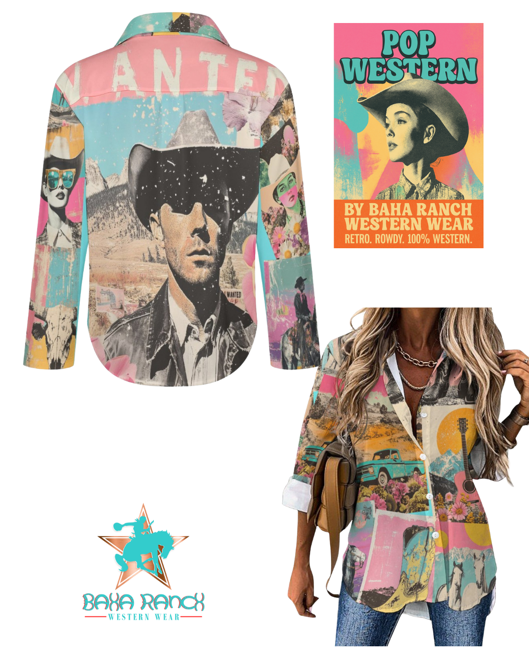 Baha Ranch Pop Western Wanted Collage Button Up Shirt