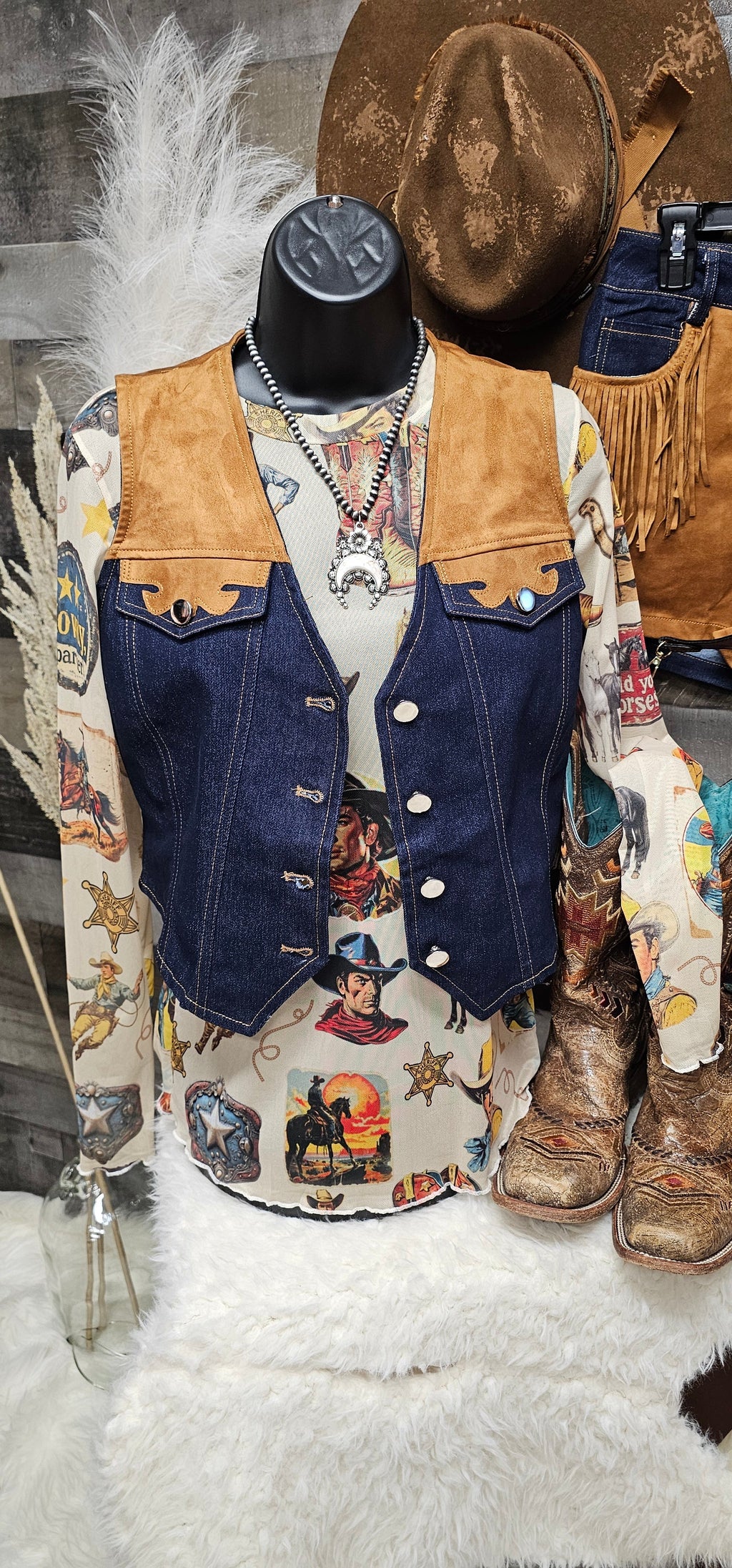 Giddy Up Cowgirl Fringe Vest Shorts Set Outfit