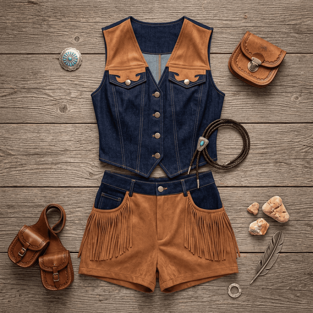 Giddy Up Cowgirl Fringe Vest Shorts Set Outfit