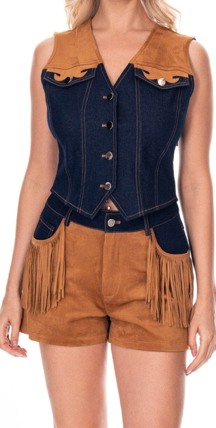 Giddy Up Cowgirl Fringe Vest Shorts Set Outfit